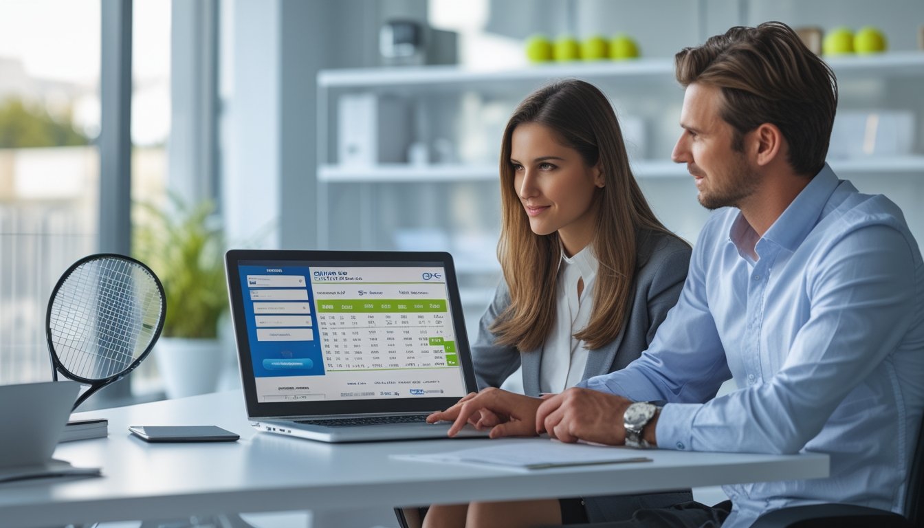 Seorang pria dan wanita duduk di meja kantor modern sambil melihat layar laptop dengan grafik tenis, menunjukkan diskusi tentang taruhan serius tenis online yang terpercaya dan aman.