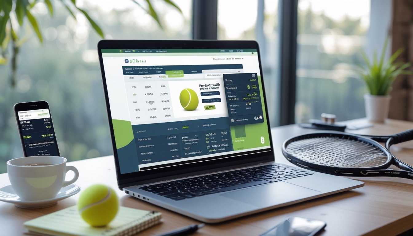 Seorang pria atau wanita sedang bekerja di meja dengan laptop yang menampilkan situs taruhan tenis, di samping raket tenis dan bola tenis.
