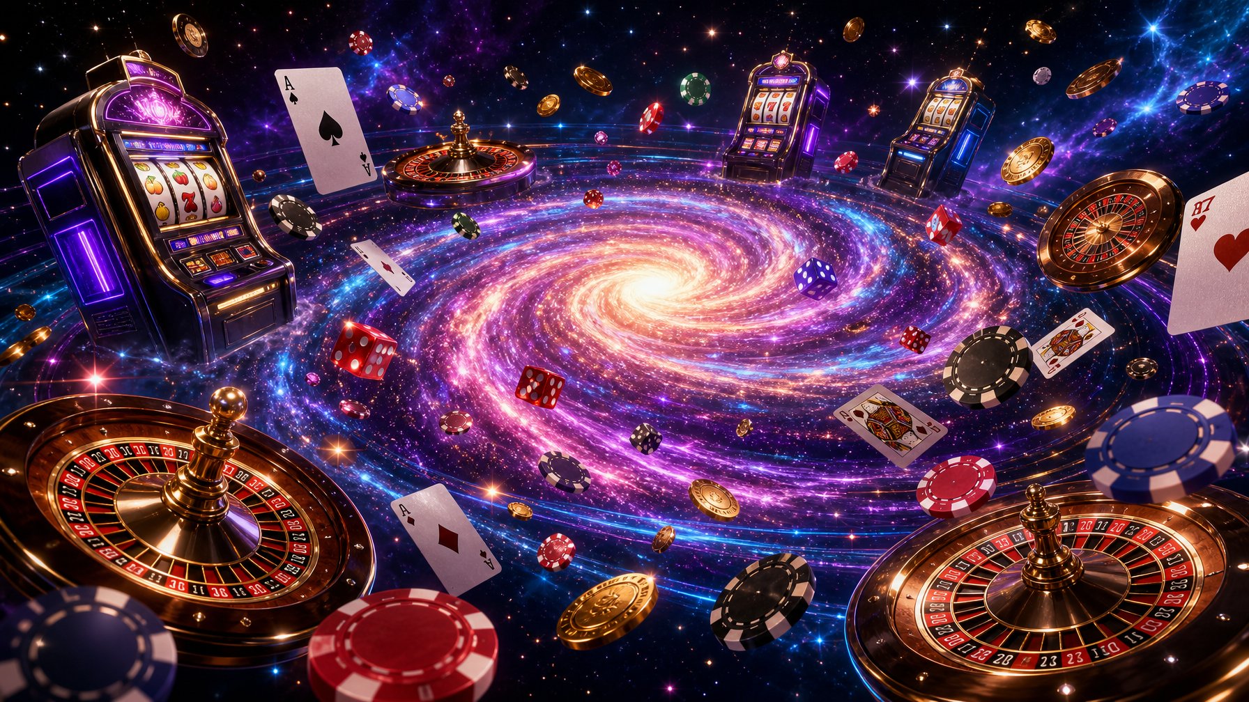 An Illustration Of A Colorful Spinning Galaxy Surrounded By Floating Casino Elements Like Poker Chips, Cards, Dice, And Slot Machines In A Cosmic Space Setting.