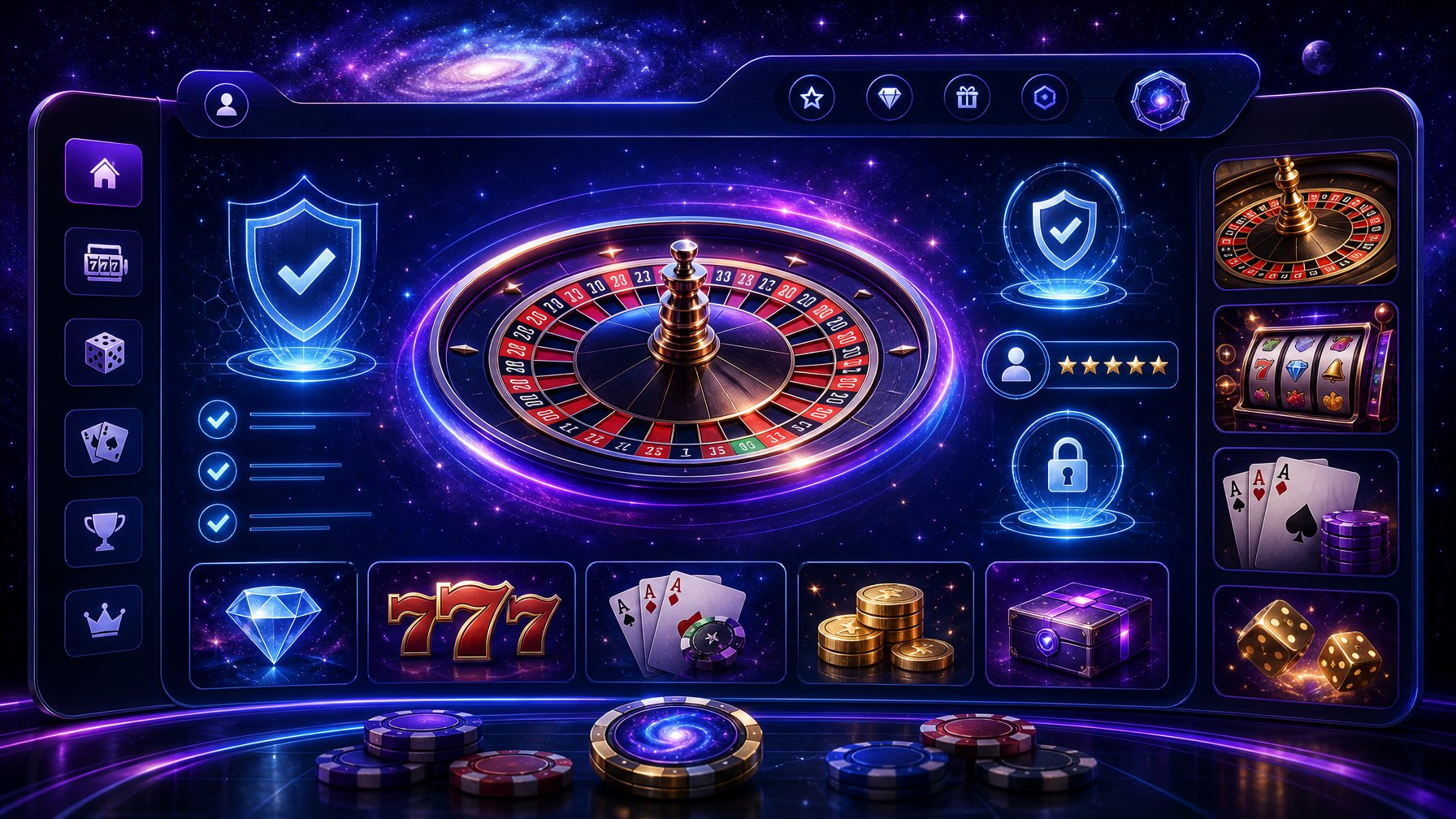 A Futuristic Online Casino Interface Showing A Glowing Spinning Roulette Wheel With Holographic Trust Icons Floating Around It Against A Starry Galaxy Background.