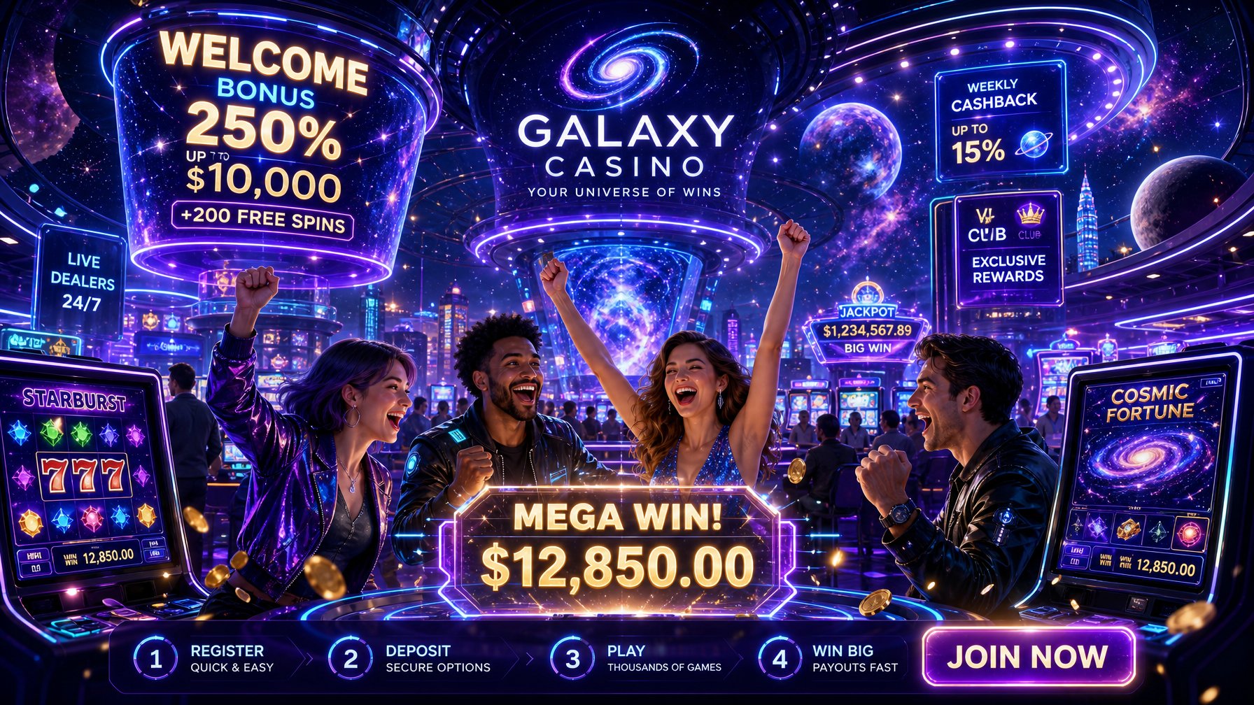 A Lively Casino Scene With People Playing Slot Machines Under A Starry GalaxyThemed Background.