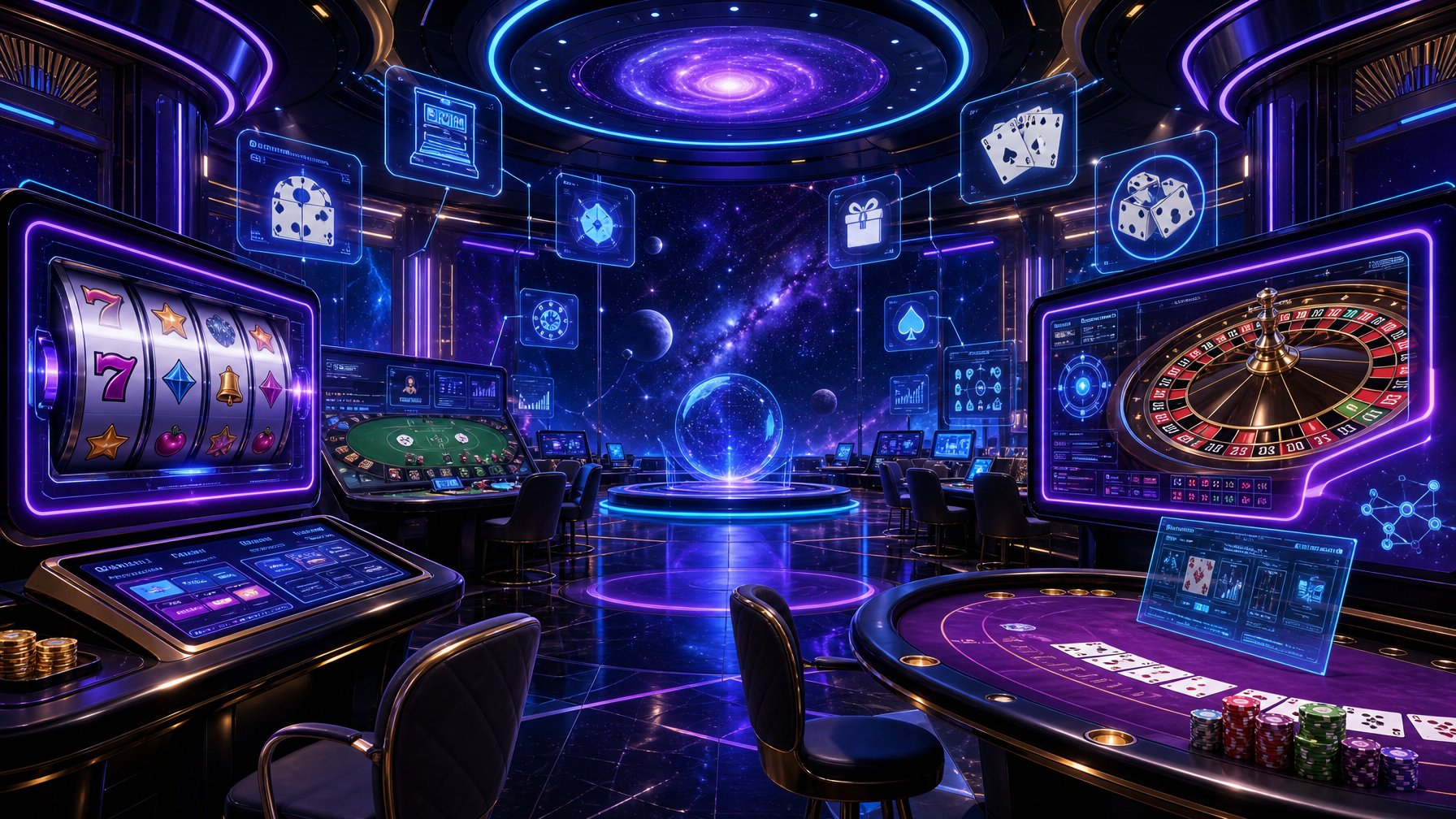 A Futuristic Casino Game Lobby With Glowing Neon Lights, Digital Screens Showing Casino Games, And Holographic Interfaces Creating A HighTech Atmosphere.