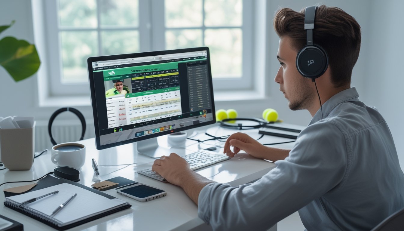 Seorang dewasa muda duduk di meja dengan laptop yang menampilkan situs taruhan tenis, mencatat di buku catatan dengan raket tenis dan bola di latar belakang.