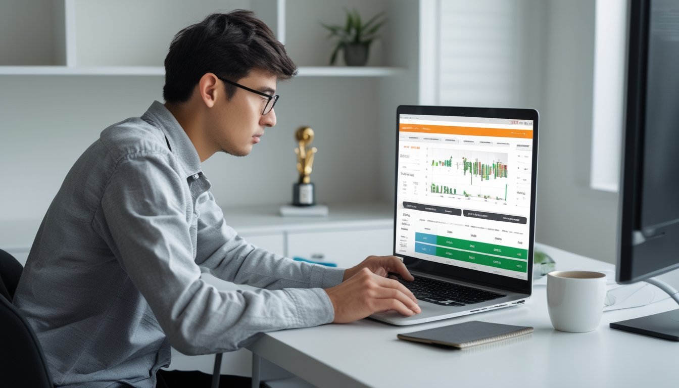 Seorang pria muda duduk di depan laptop di ruang kerja rumah, fokus melihat situs taruhan tenis online dengan peralatan tenis di latar belakang.