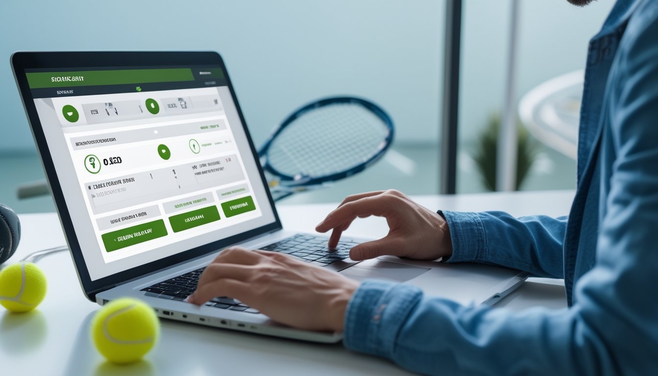Seseorang menggunakan laptop di depan latar belakang lapangan tenis, menunjukkan pengalaman taruhan tenis yang cepat dan aman.