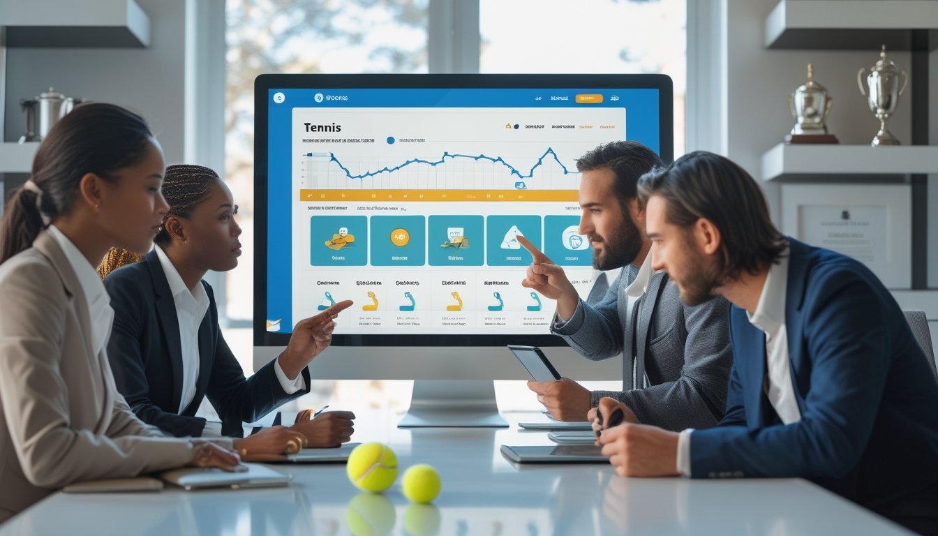 Sekelompok profesional sedang berdiskusi di kantor modern dengan layar komputer menampilkan situs taruhan tenis, di meja terdapat raket dan bola tenis.