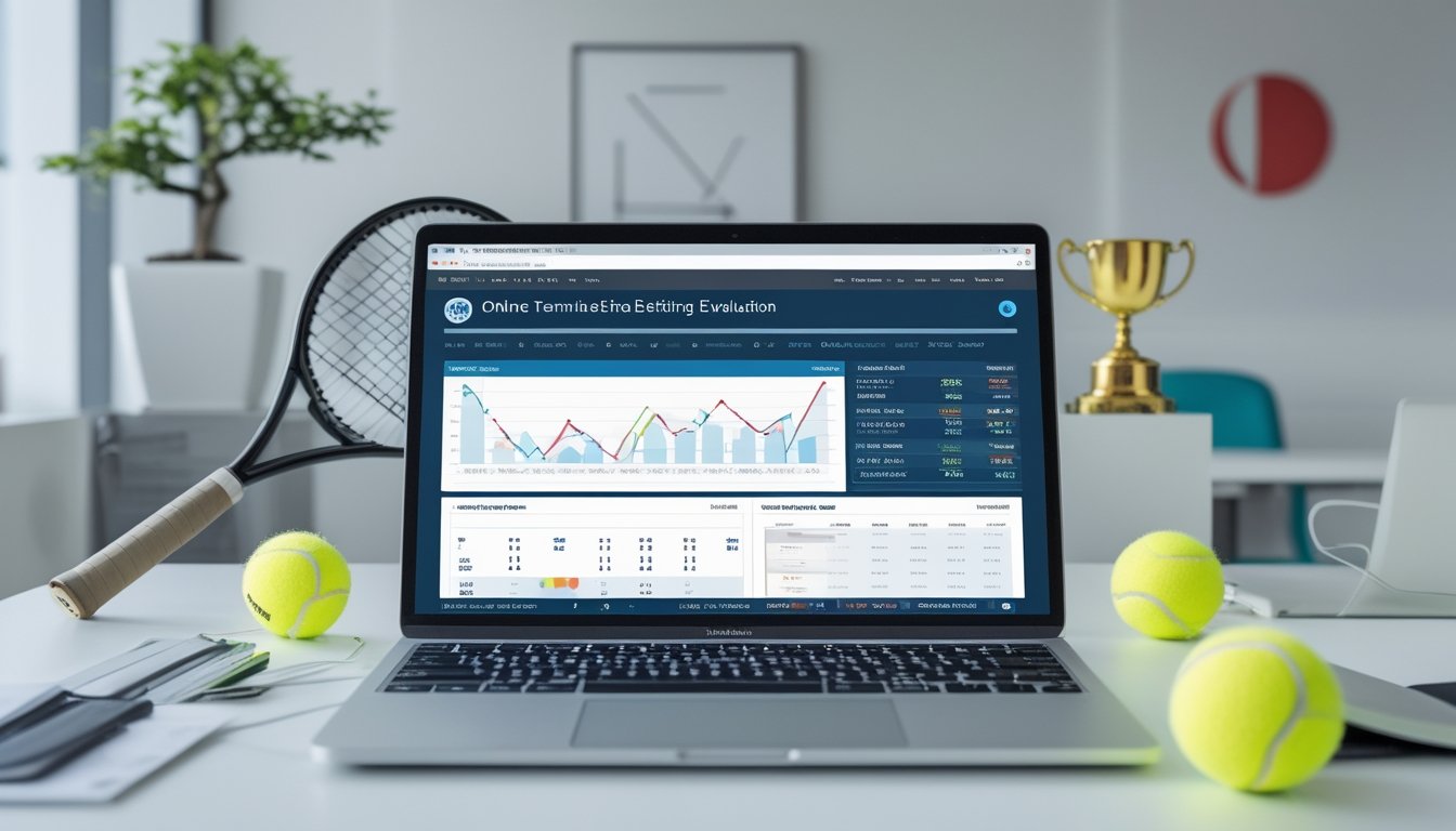 Meja kerja modern dengan laptop yang menampilkan grafik perbandingan bandar taruhan tenis online, dikelilingi raket tenis, bola tenis, dan trofi kecil.