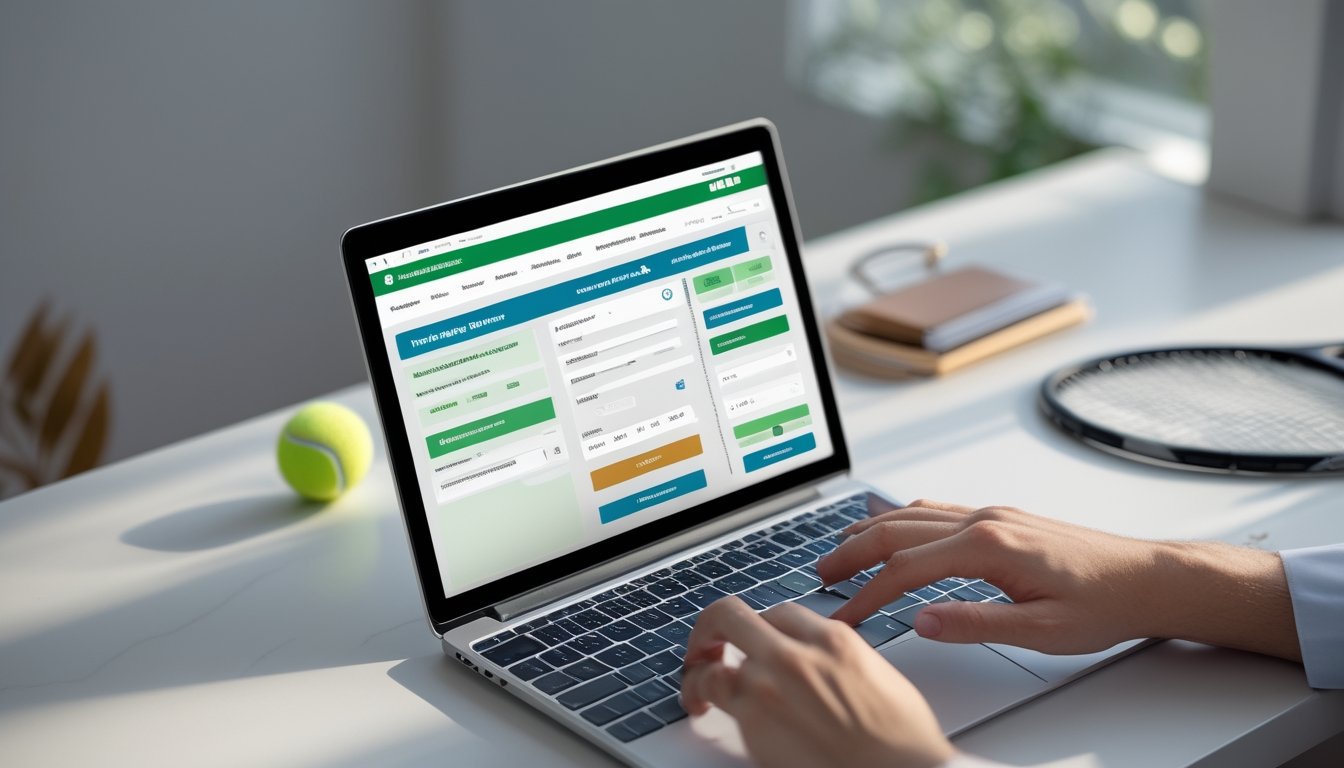 Seseorang sedang mendaftar akun taruhan tenis online menggunakan laptop di meja kerja dengan bola tenis dan raket di sampingnya.