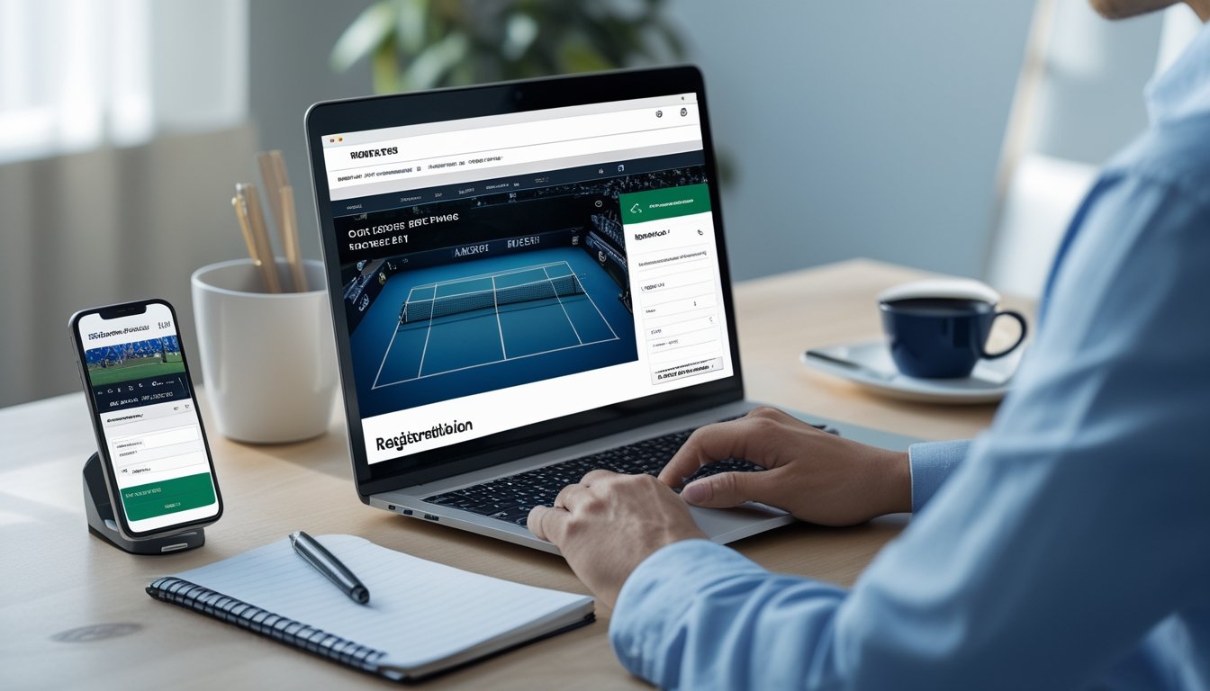Seorang pengguna sedang mendaftar taruhan tenis online di laptop di meja kerja yang rapi dengan kopi dan ponsel di sampingnya.
