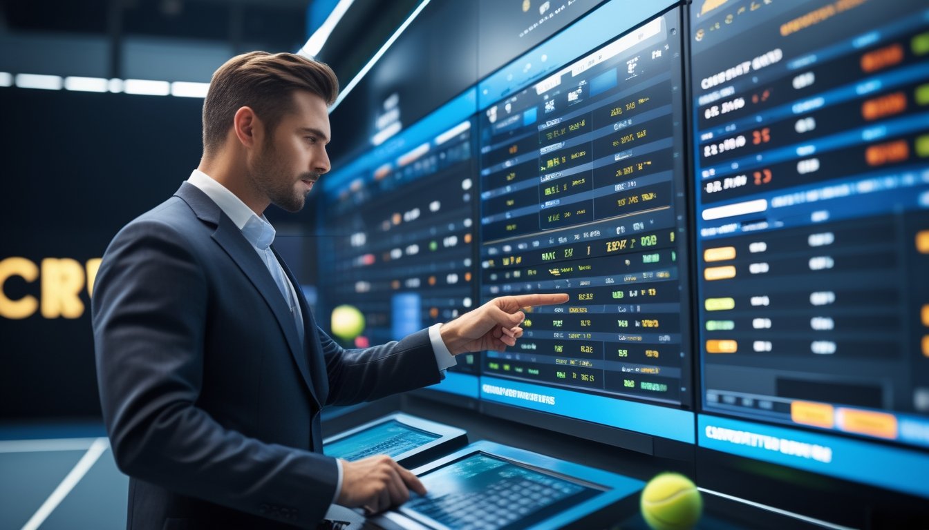 Seorang pria menggunakan terminal taruhan digital dengan layar yang menampilkan berbagai pasar taruhan tenis dan peluang kompetitif, dengan latar belakang elemen tenis seperti raket dan bola tenis.