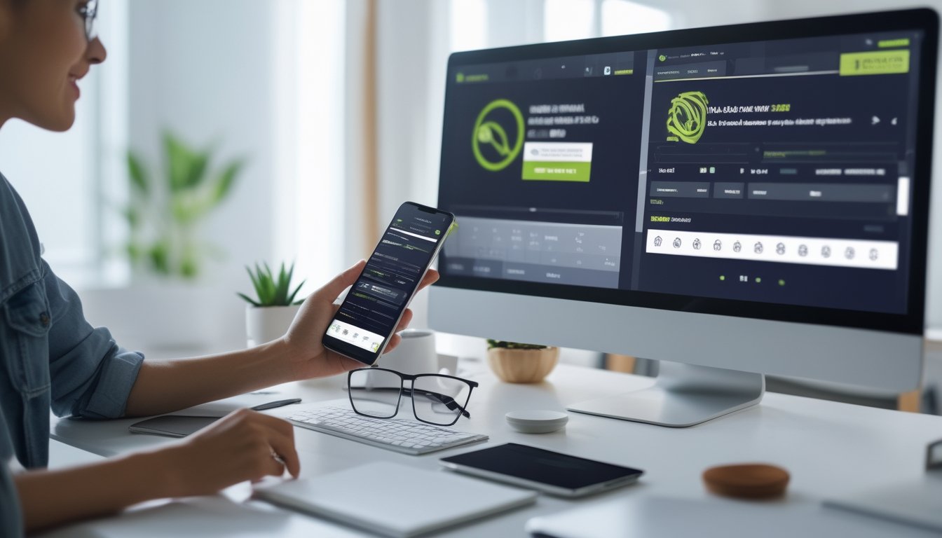 Seseorang menggunakan ponsel dan komputer desktop secara bersamaan di ruang kerja yang terang dan rapi, membandingkan platform taruhan tenis.
