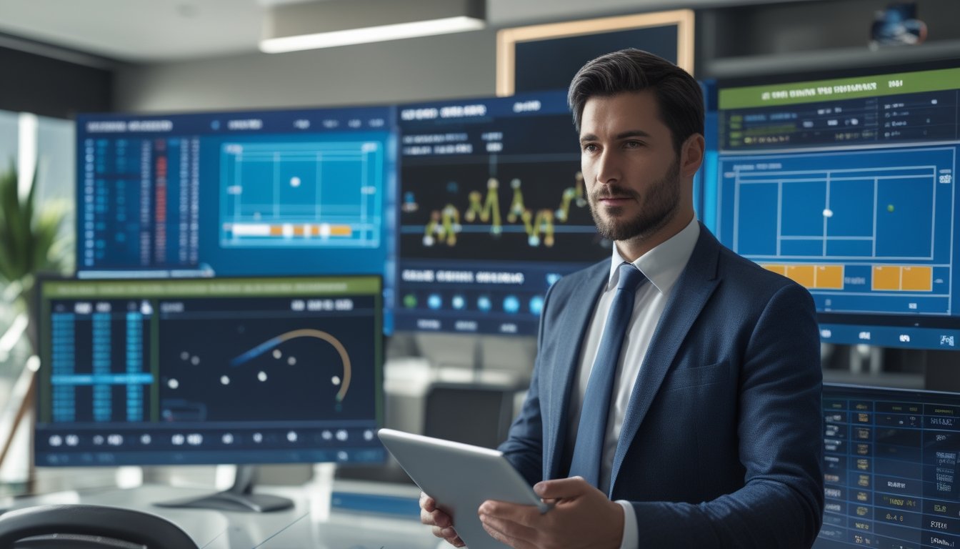 Seorang pria profesional sedang menganalisis statistik pertandingan tenis di kantor modern dengan beberapa layar digital besar.