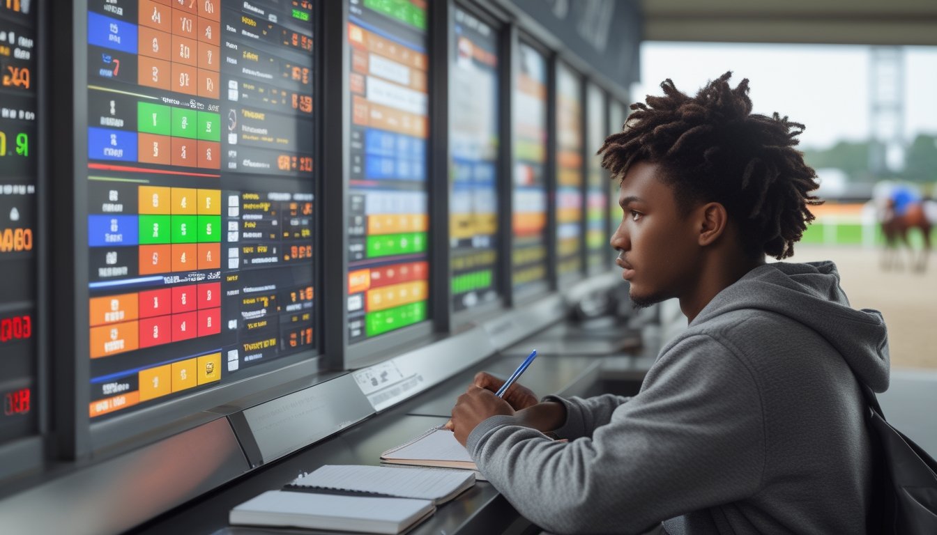 Seorang pemula sedang mempelajari sistem odds balap kuda di depan papan digital dengan data balapan, di latar belakang terlihat kuda dan joki bersiap untuk lomba.