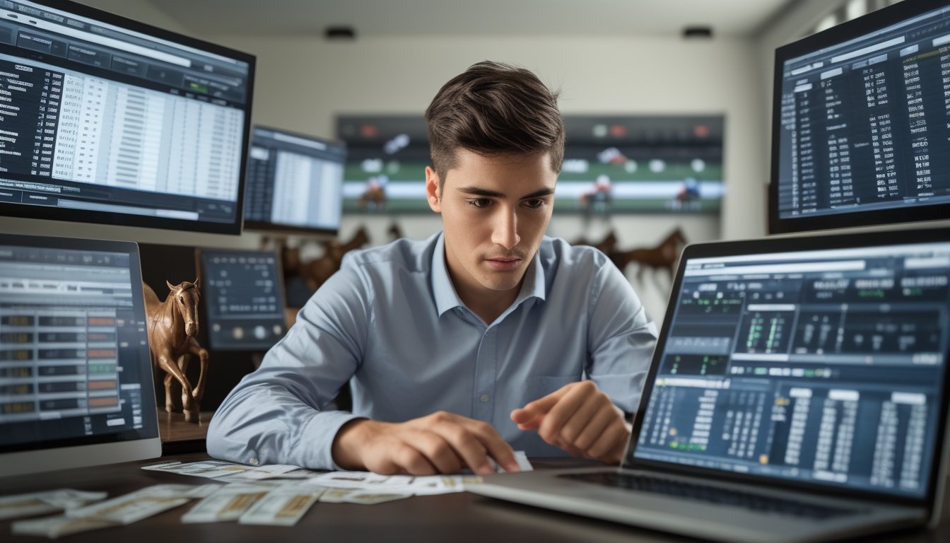 Seorang pemula sedang mempelajari sistem odds pada balap kuda dengan layar digital dan elemen balap kuda di sekitarnya.