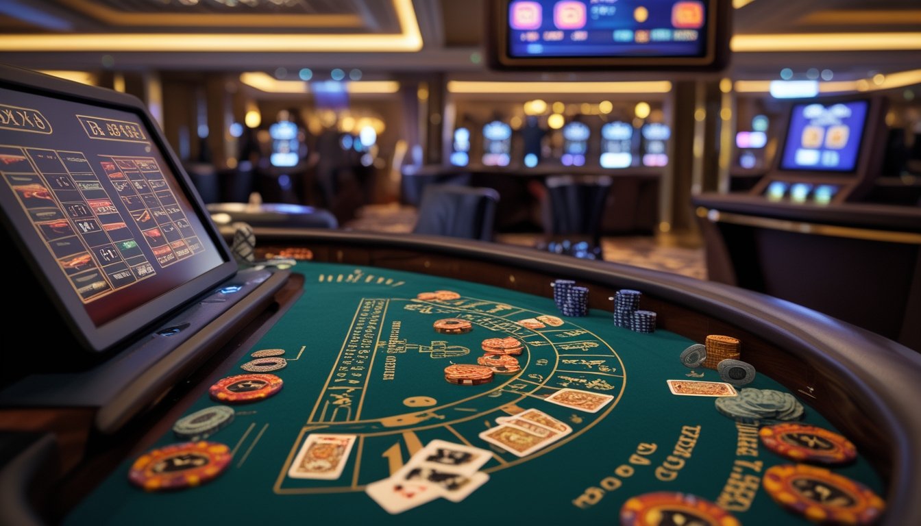 Meja baccarat dengan kartu dan chip tersusun rapi di kasino yang terang dan elegan.