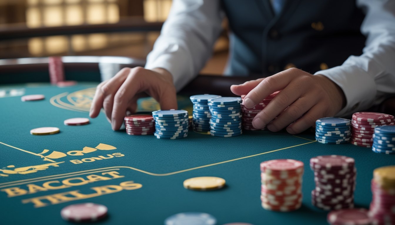 Tangan dealer menempatkan chip di meja baccarat dengan kartu dan chip taruhan terlihat di latar belakang kasino.