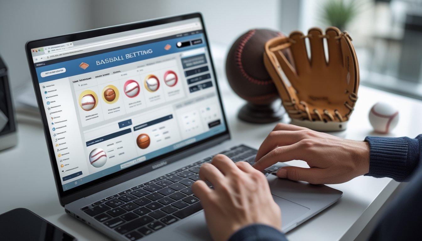 Seseorang menggunakan laptop dengan situs taruhan baseball online di meja kerja yang rapi dengan perlengkapan baseball di sekitar.