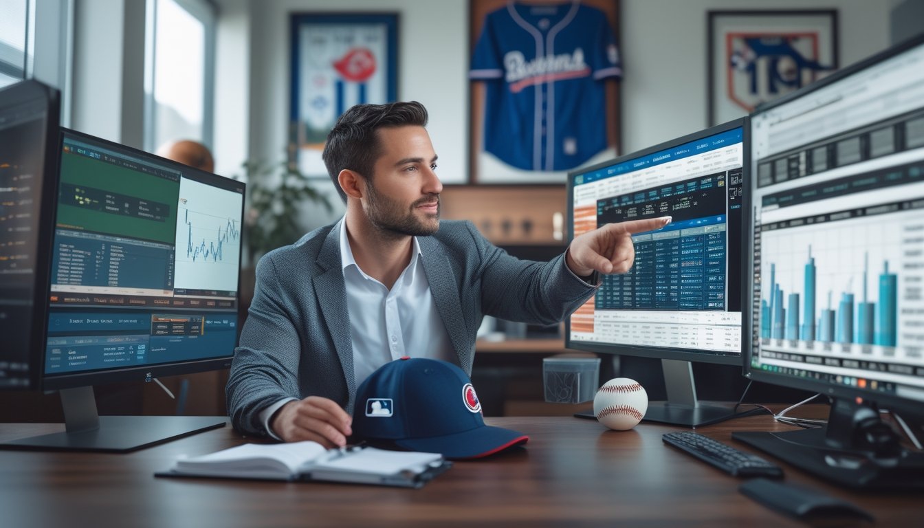 Seorang analis olahraga pria sedang melihat layar komputer yang menampilkan statistik dan data taruhan baseball MLB di sebuah kantor modern.