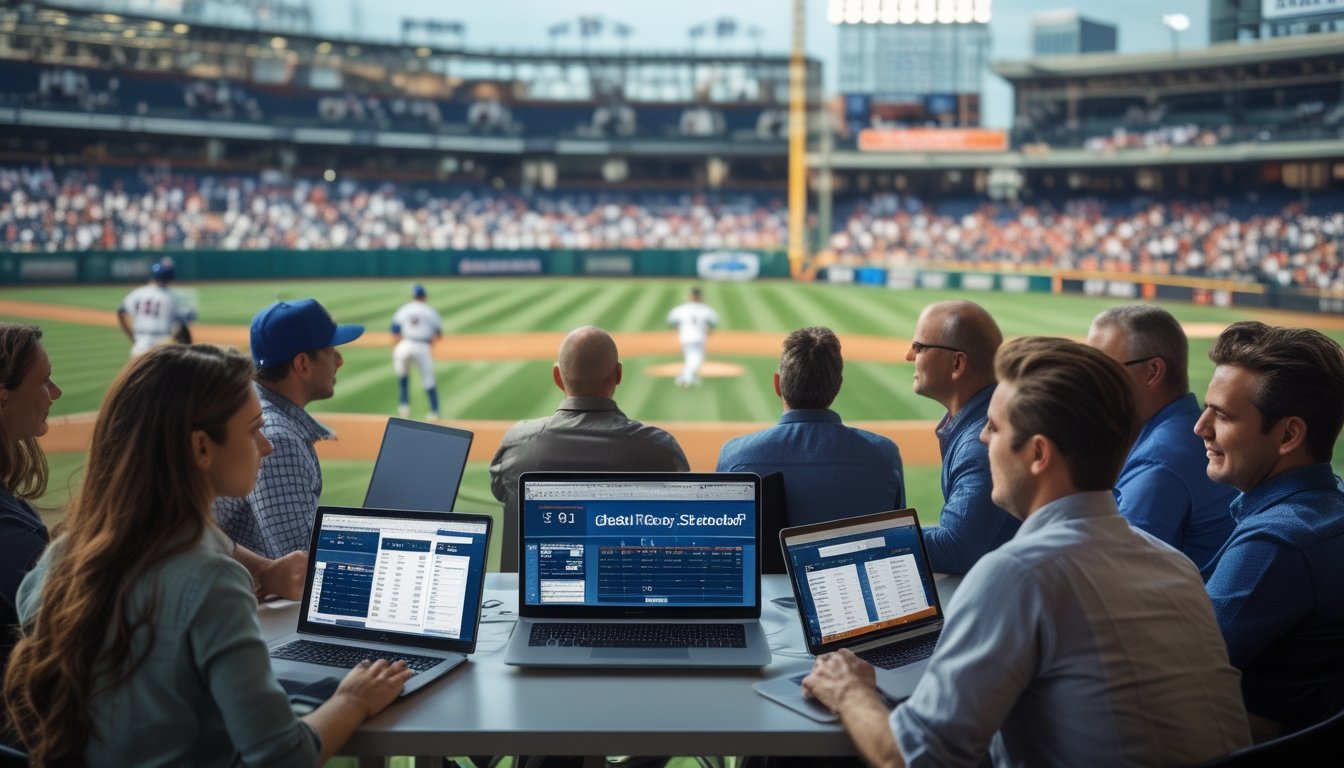Sekelompok orang sedang menganalisis statistik baseball di stadion saat pertandingan MLB berlangsung.