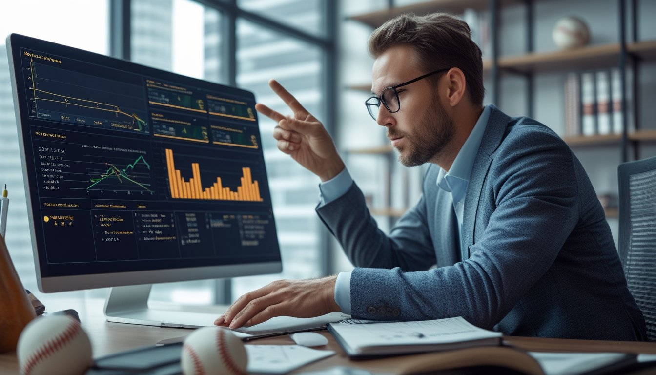 Seorang pria sedang menganalisis statistik baseball di laptop dengan grafik di layar besar, dikelilingi perlengkapan baseball di meja di kantor modern.