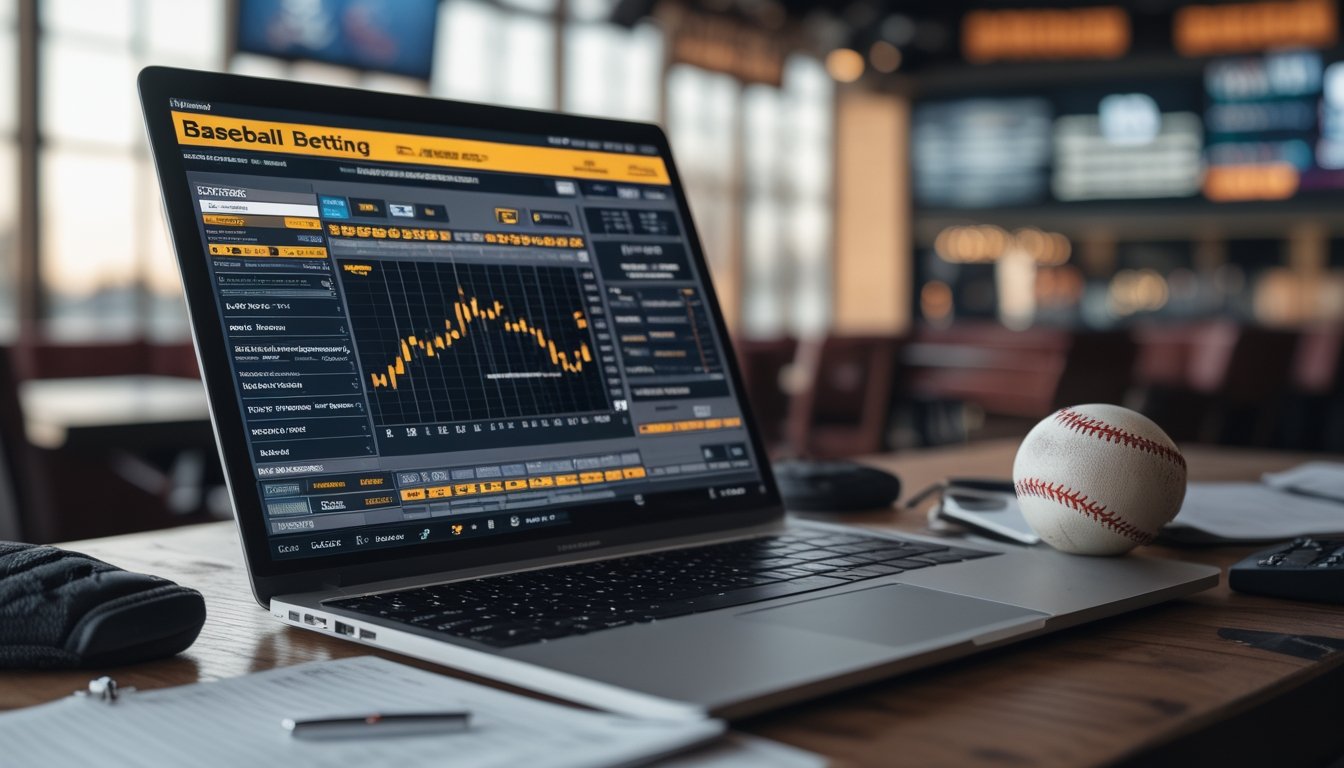 Meja kerja dengan laptop yang menampilkan grafik taruhan baseball, sarung tangan baseball, dan bola baseball di atasnya.