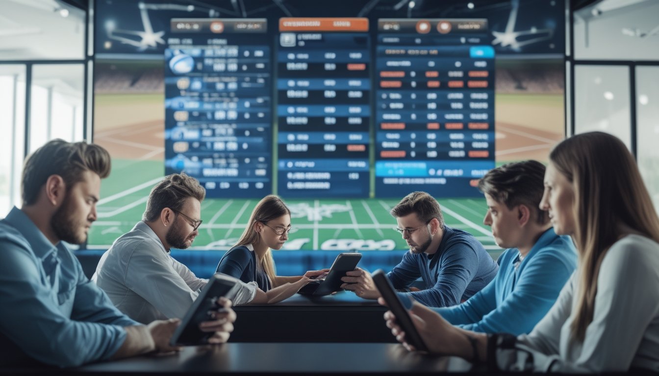 Orang-orang sedang melihat dan menganalisis peluang taruhan baseball di layar digital dalam suasana sportsbook.