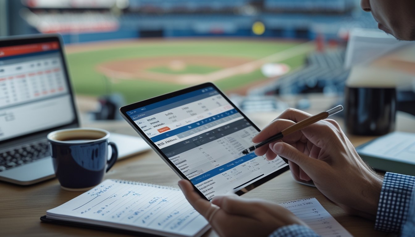 Seseorang sedang menganalisis peluang taruhan handicap baseball menggunakan tablet dan laptop di ruang kerja modern.