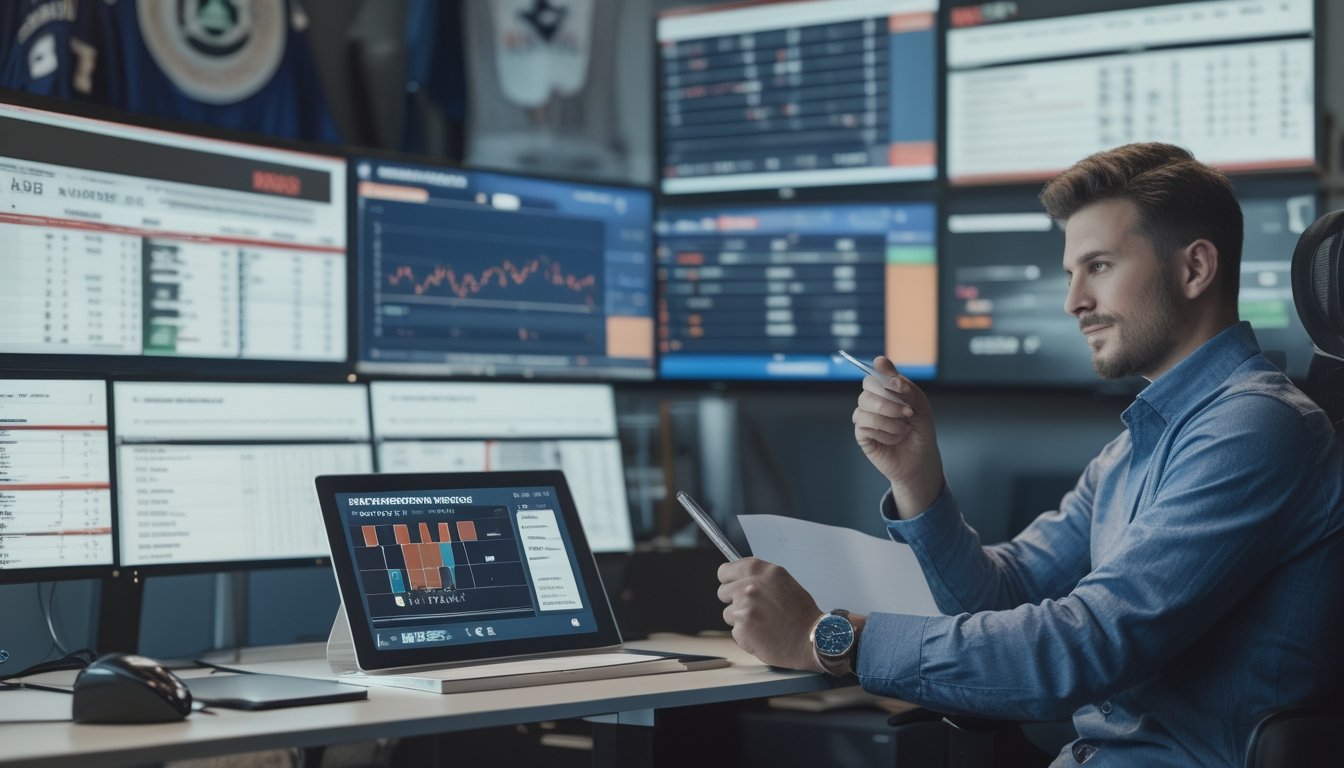 Seorang analis olahraga sedang meninjau statistik dan data tim baseball di kantor modern dengan beberapa layar komputer.