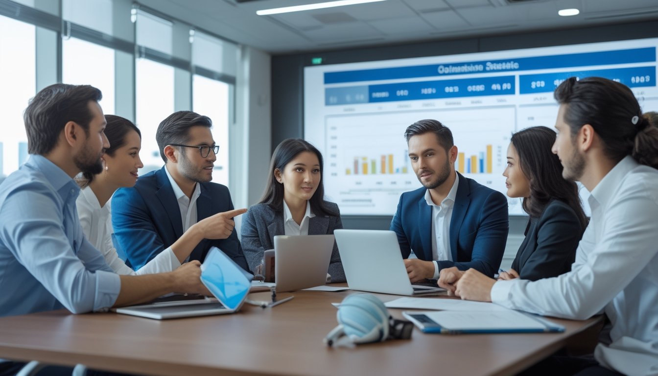 Sekelompok profesional sedang berdiskusi dalam rapat di kantor modern dengan layar yang menampilkan statistik baseball.