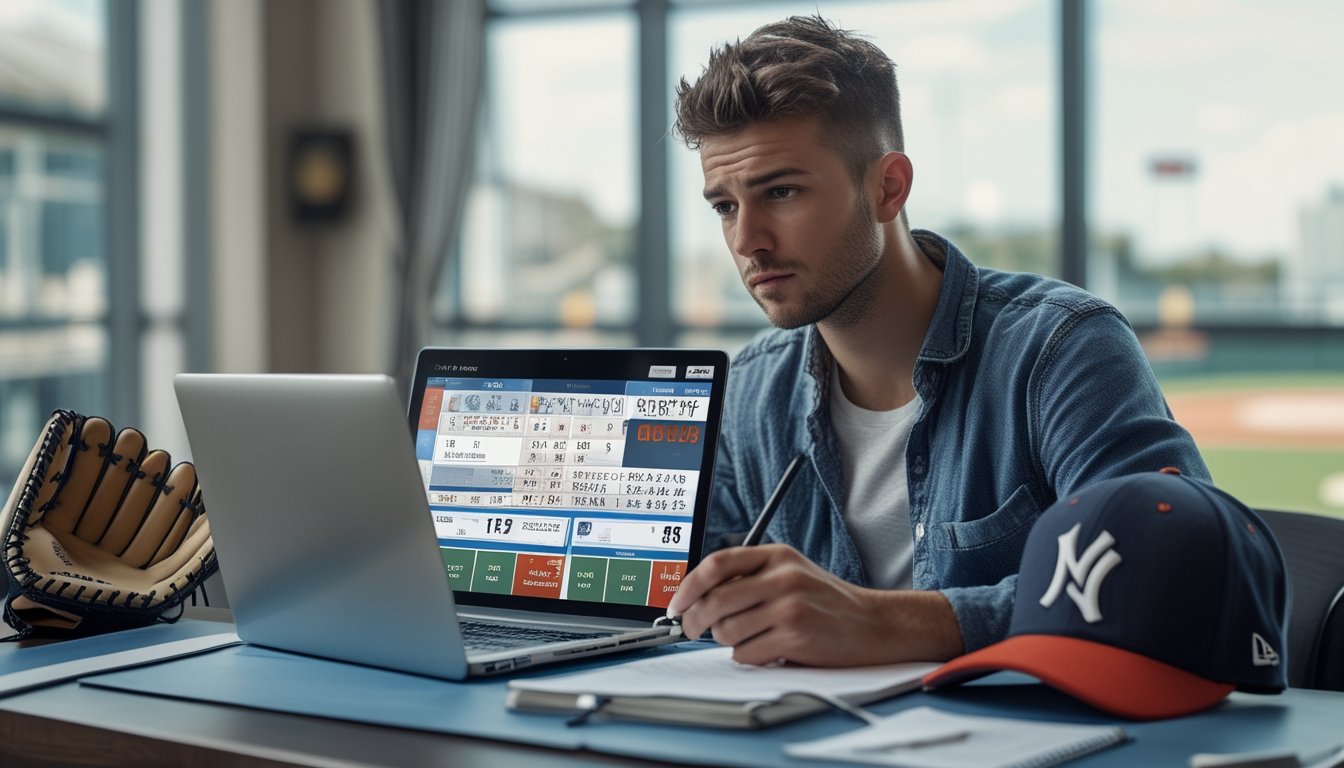 Seorang pria muda duduk di meja dengan laptop dan catatan, tampak serius mempelajari statistik dan strategi taruhan baseball, di ruangan dengan perlengkapan baseball dan pemandangan stadion di latar belakang.