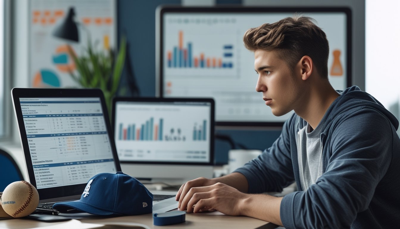 Seorang pria muda duduk di meja dengan laptop dan perlengkapan baseball, fokus menganalisis data taruhan baseball.