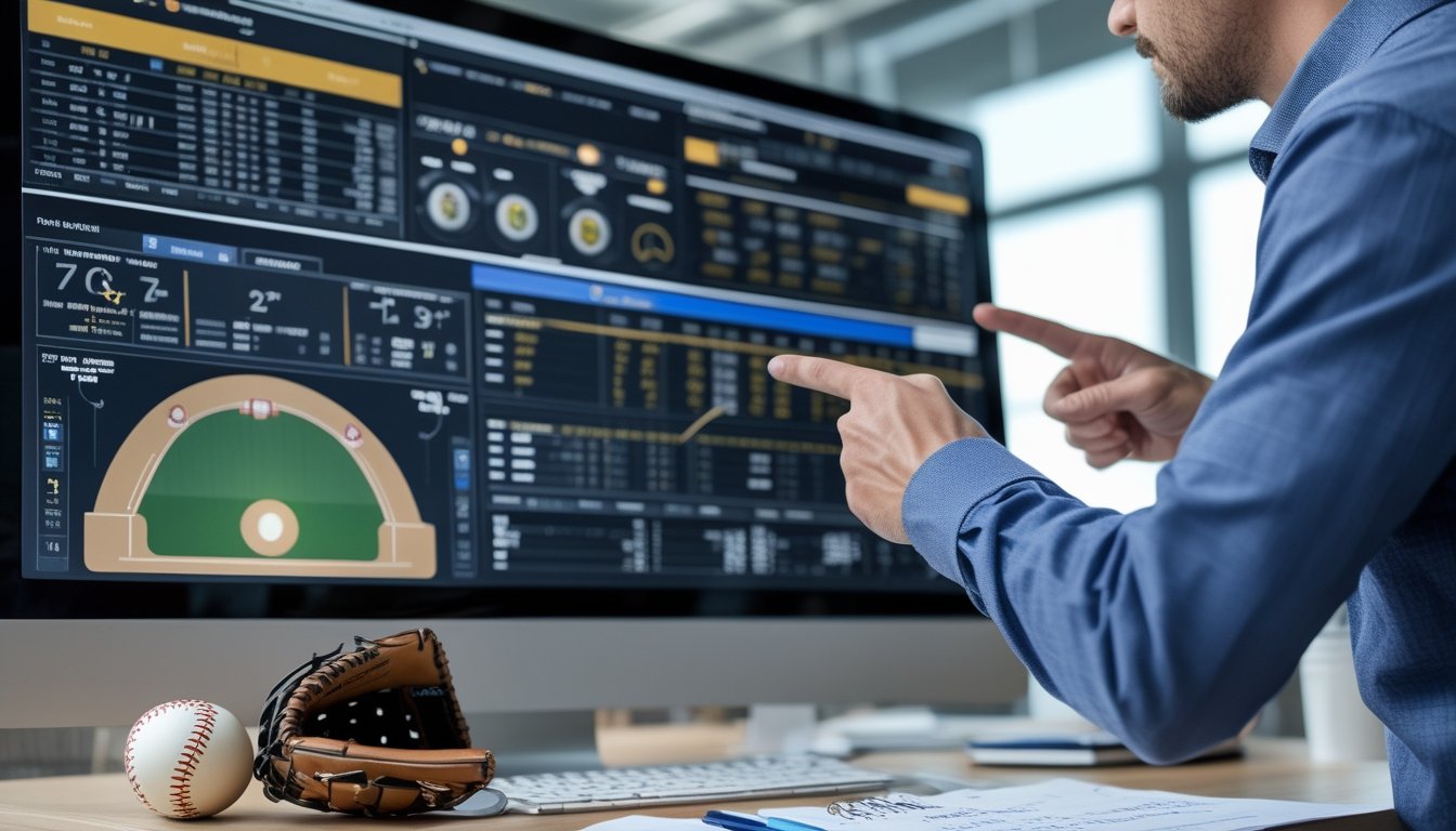 Seorang profesional sedang menganalisis statistik baseball di depan komputer dengan perlengkapan baseball di meja.