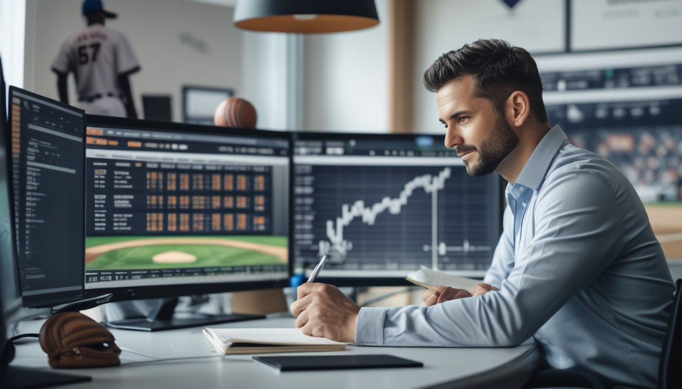 Seorang analis olahraga sedang mempelajari statistik dan performa pitcher baseball di depan beberapa layar komputer di ruang kantor yang rapi.