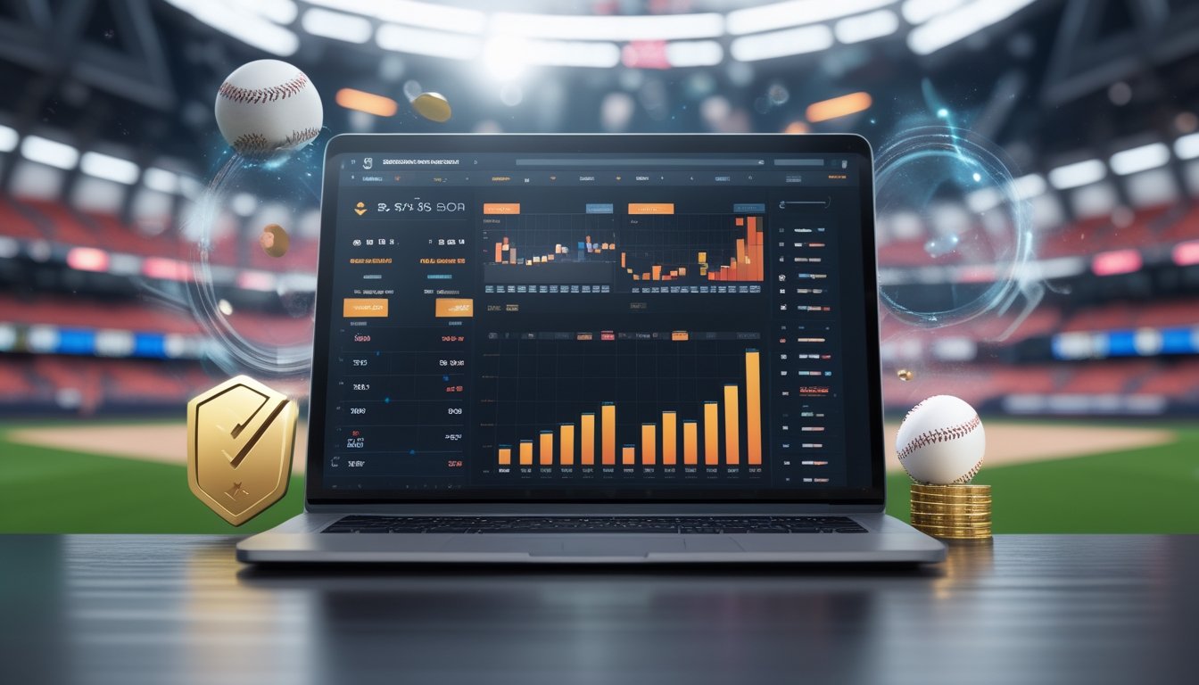 Layar perangkat digital menampilkan antarmuka taruhan baseball dengan grafik dan angka, di latar belakang stadion baseball yang terang dan ramai.