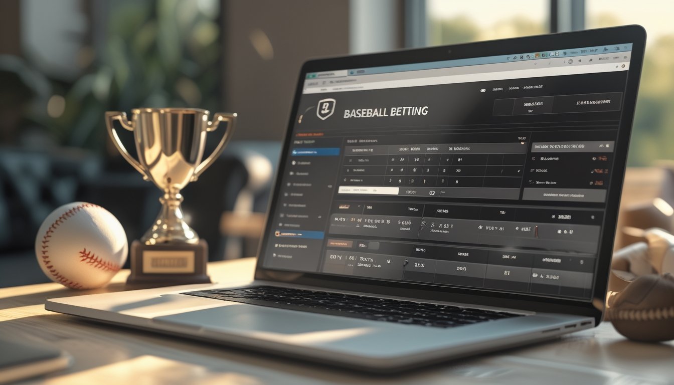 Meja kerja dengan laptop yang menampilkan situs taruhan baseball online, dikelilingi bola baseball, sarung tangan baseball, dan trofi kecil.