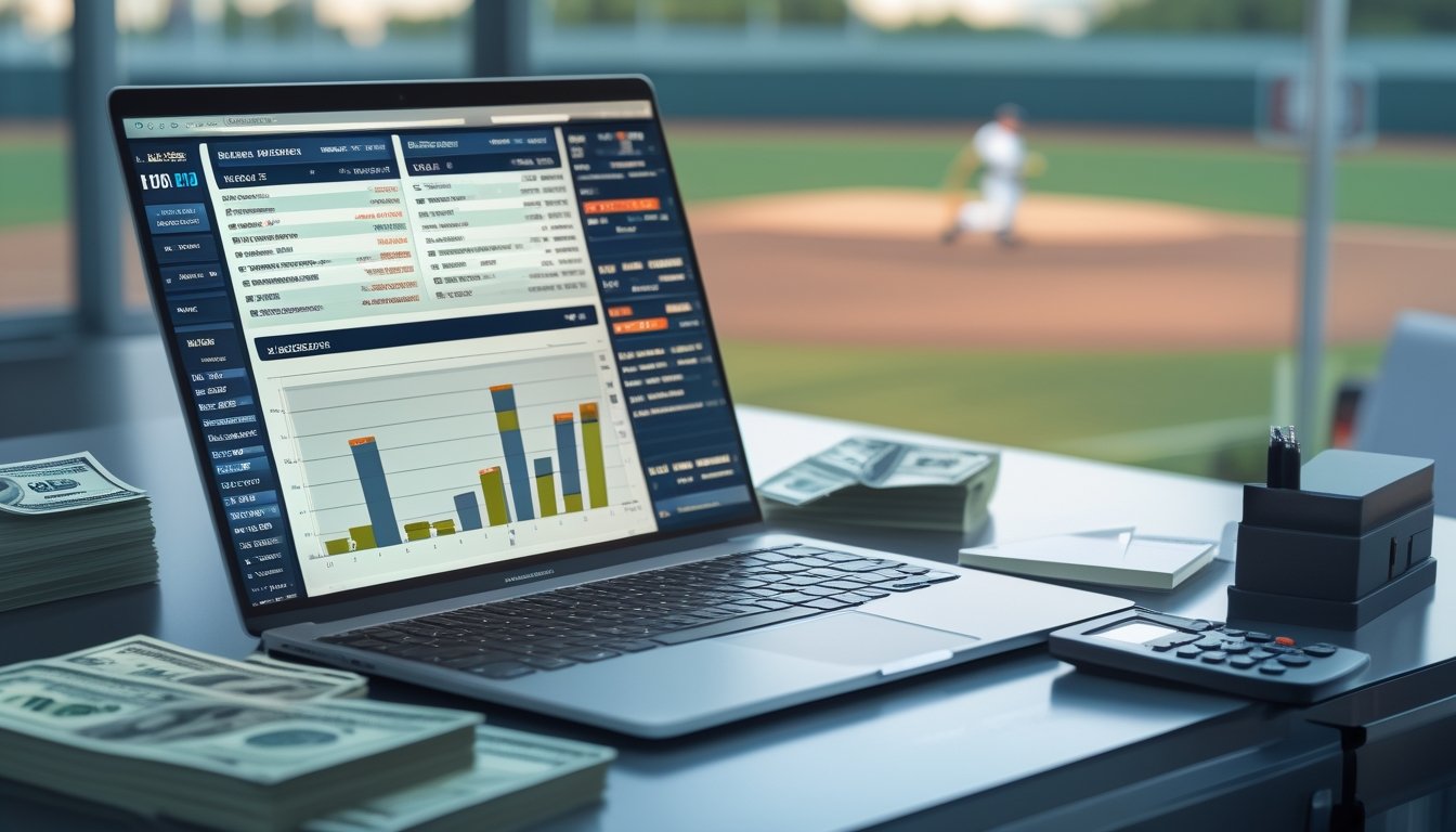 Meja kerja dengan laptop yang menampilkan statistik baseball, tumpukan uang, dan kalkulator, dengan lapangan baseball terlihat di latar belakang.