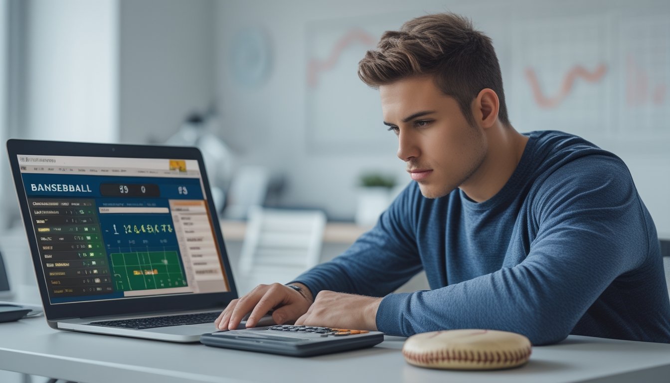 Seorang pria muda duduk di meja dengan laptop dan alat-alat baseball, fokus mengelola modal taruhan baseball.