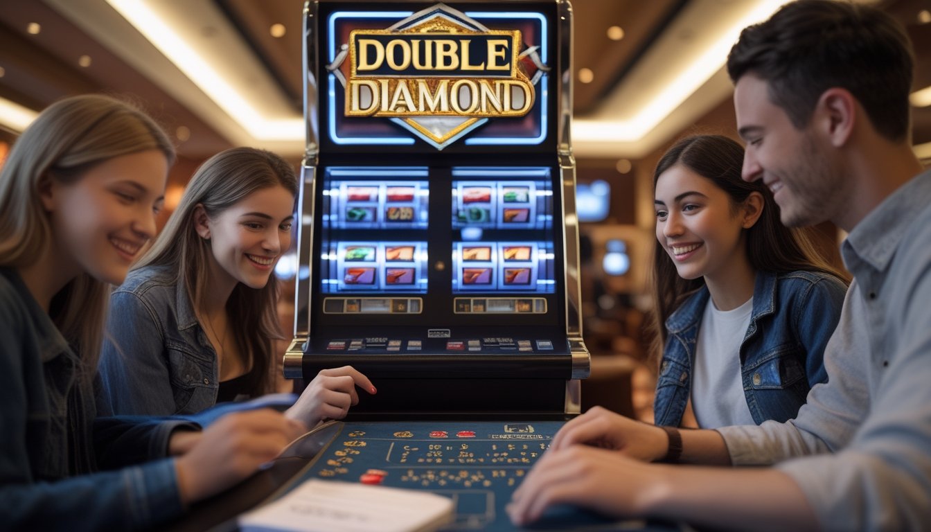 Orang-orang pemula bermain mesin slot Double Diamond di lantai kasino yang terang dan rapi.