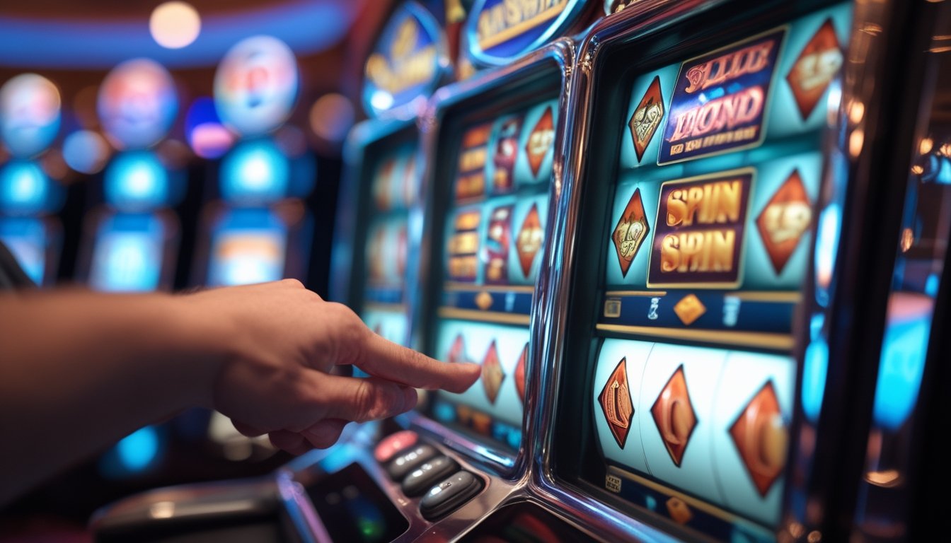 Tangan pemain sedang menekan tombol putar pada mesin slot Double Diamond di dalam kasino.