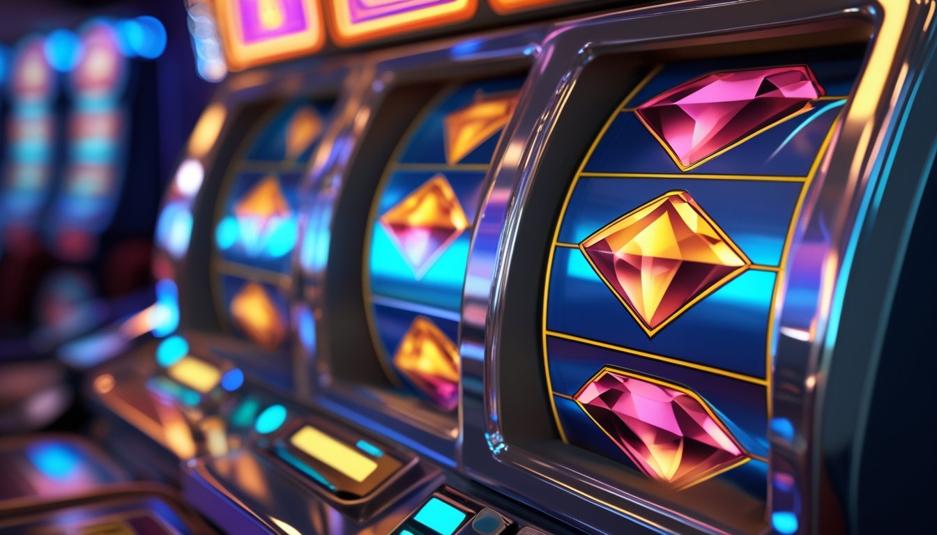 Mesin slot Double Diamond dengan simbol berlian ganda yang bersinar di tengah, dikelilingi tombol berwarna dan latar belakang kasino yang samar.
