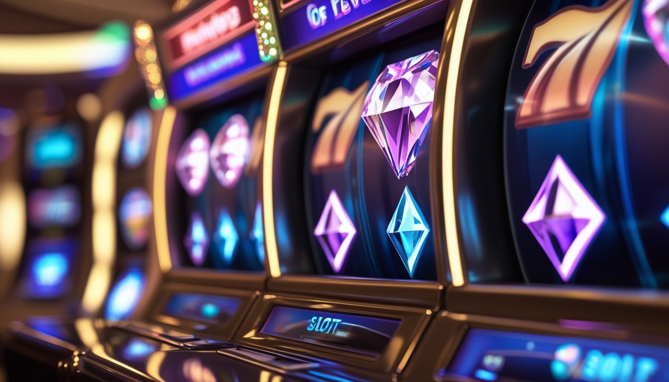 Mesin slot Double Diamond dengan simbol berlian dan ikon tradisional di kasino yang mewah.