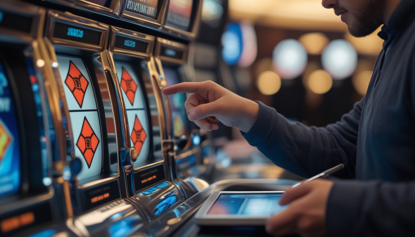 Seseorang sedang memperhatikan dan mempelajari mesin slot dengan pola Double Diamond di kasino.