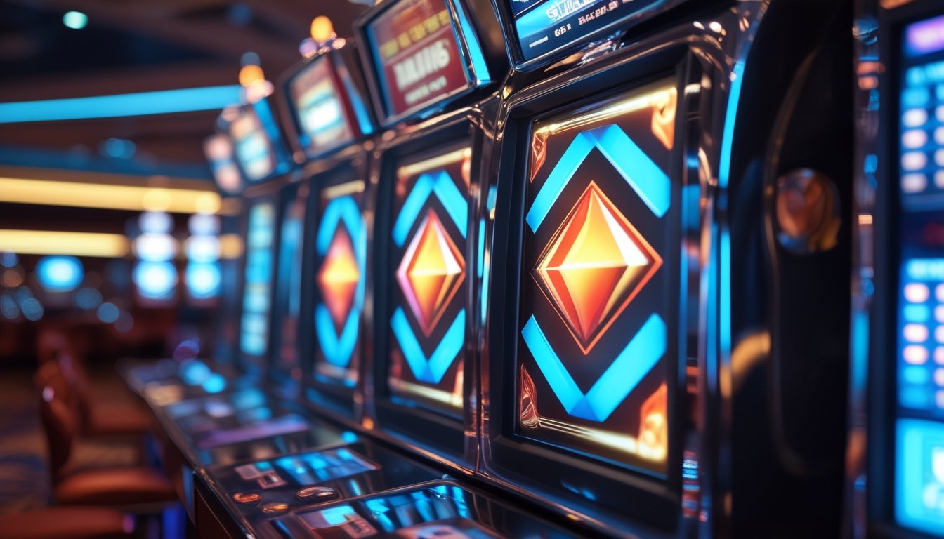 Gambar close-up mesin slot yang menampilkan simbol double diamond berwarna cerah di layar dengan latar belakang suasana kasino yang bersih dan terang.