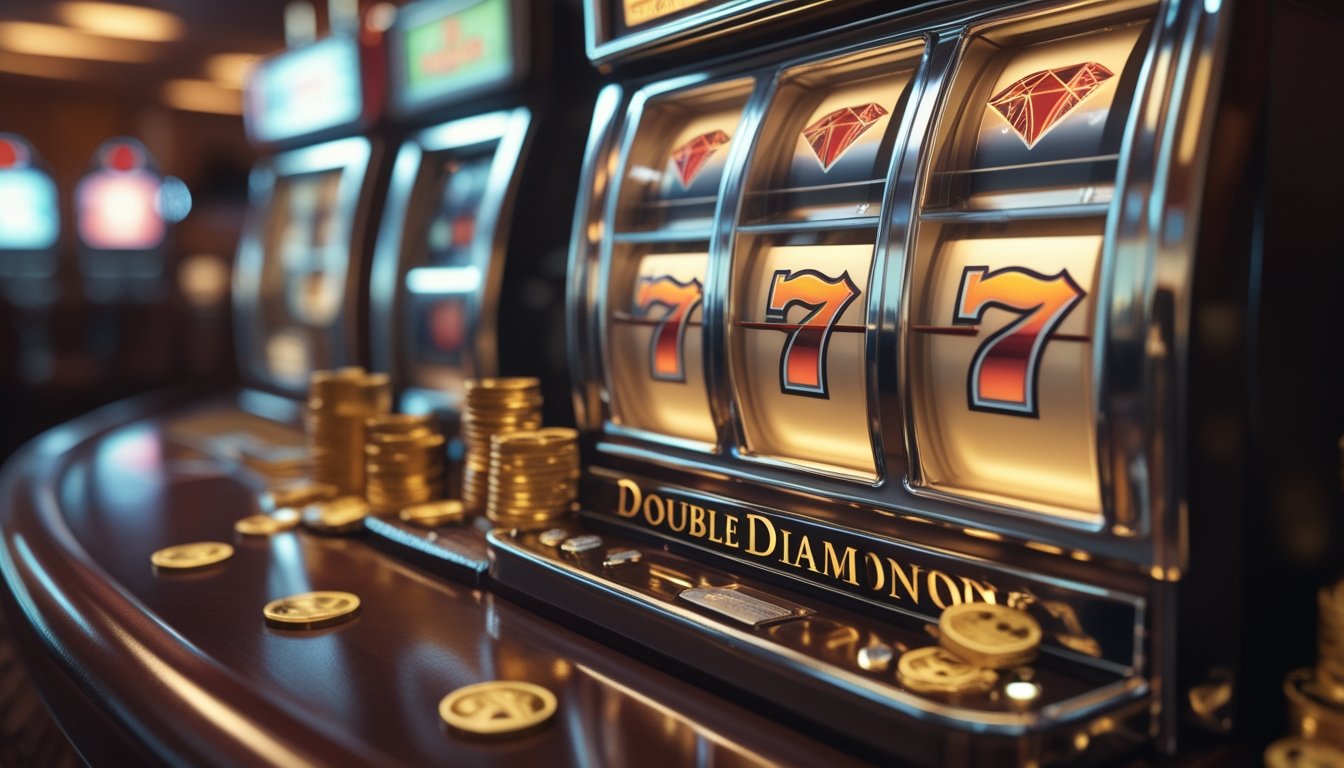 Foto close-up mesin slot dengan simbol berlian dan angka tujuh, dikelilingi chip poker dan koin emas di atas meja kayu.