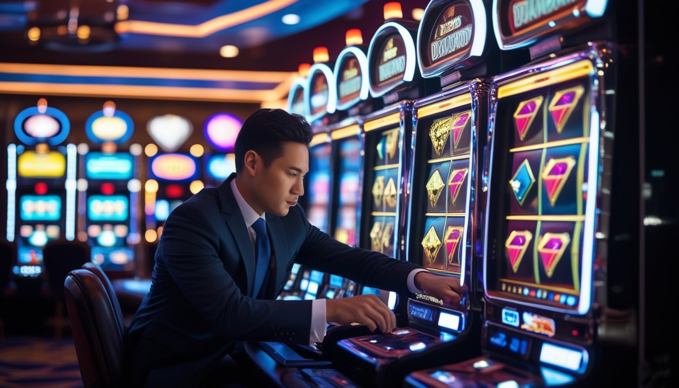 Seorang pemain sedang bermain mesin slot Double Diamond di kasino dengan latar mesin slot berwarna-warni.