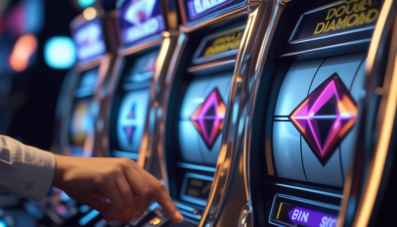 Tangan pemain sedang menekan tombol mesin slot Double Diamond di kasino dengan latar belakang kabur.