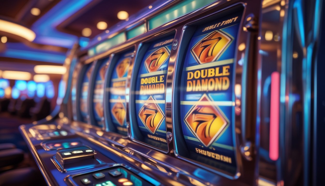 Foto close-up mesin slot dengan simbol Double Diamond yang terlihat jelas di gulungan, latar belakang kasino dengan pencahayaan hangat.