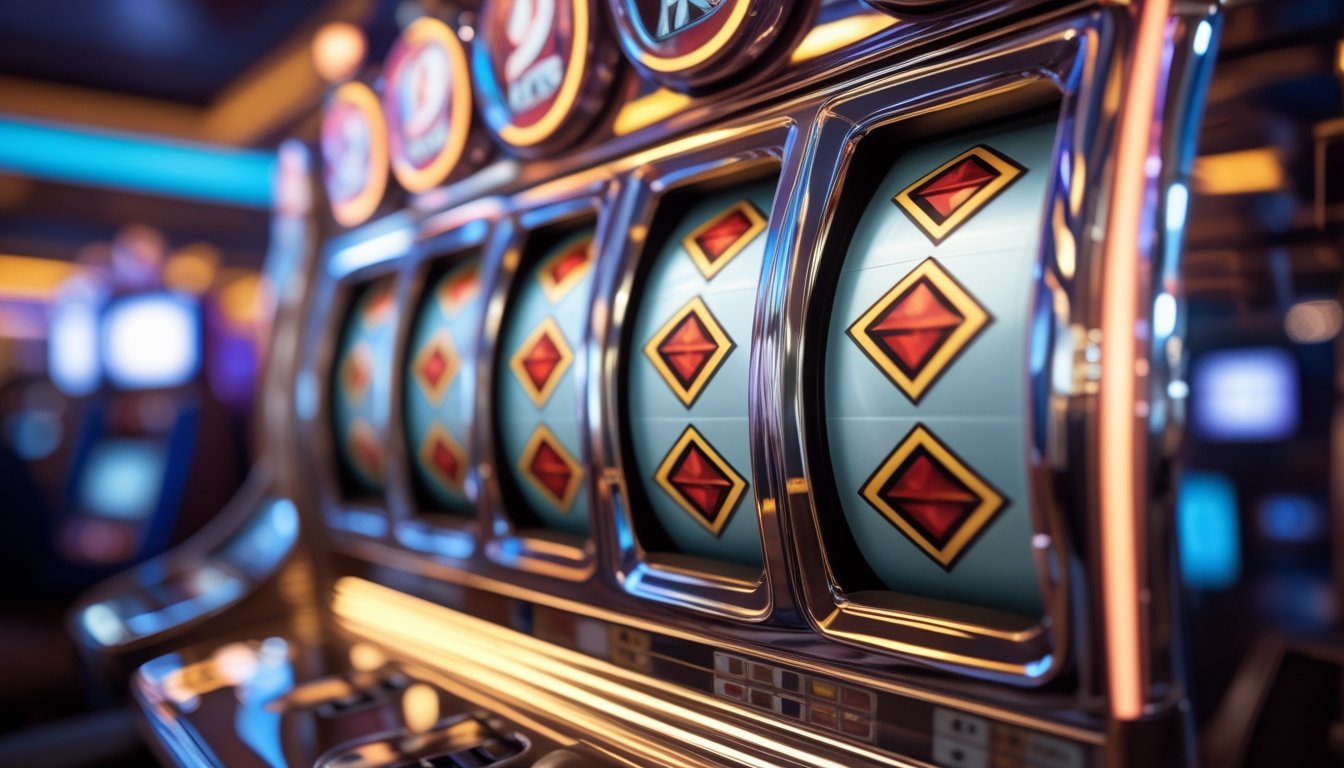 Mesin slot kasino klasik menampilkan simbol Double Diamond pada gulungan dalam suasana kasino yang hangat dan terang.