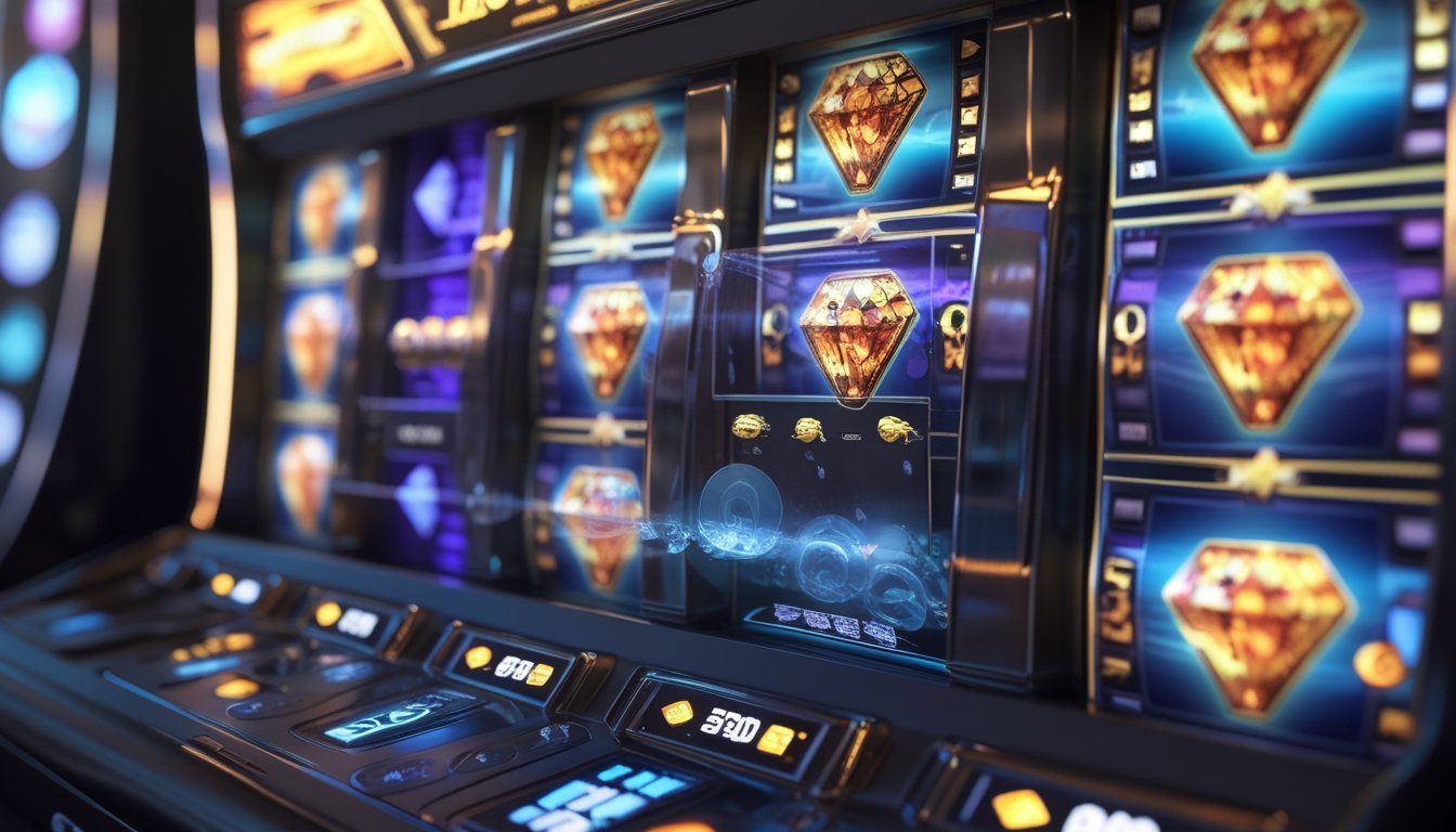 Mesin slot Double Diamond dengan simbol berlian dan panel sistem pembayaran digital di latar kasino.