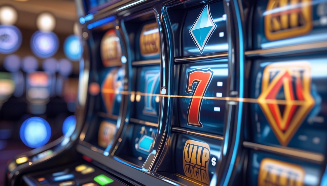 Mesin slot Double Diamond dengan gulungan simbol dan ikon pembayaran di latar belakang kasino.